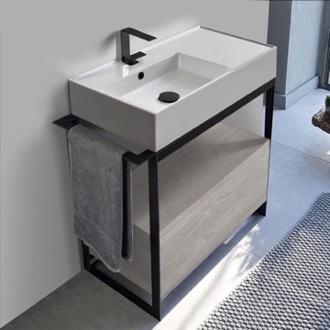 Console Bathroom Vanity Console Sink Vanity With Ceramic Sink and Grey Oak Drawer Scarabeo 5115-SOL1-88